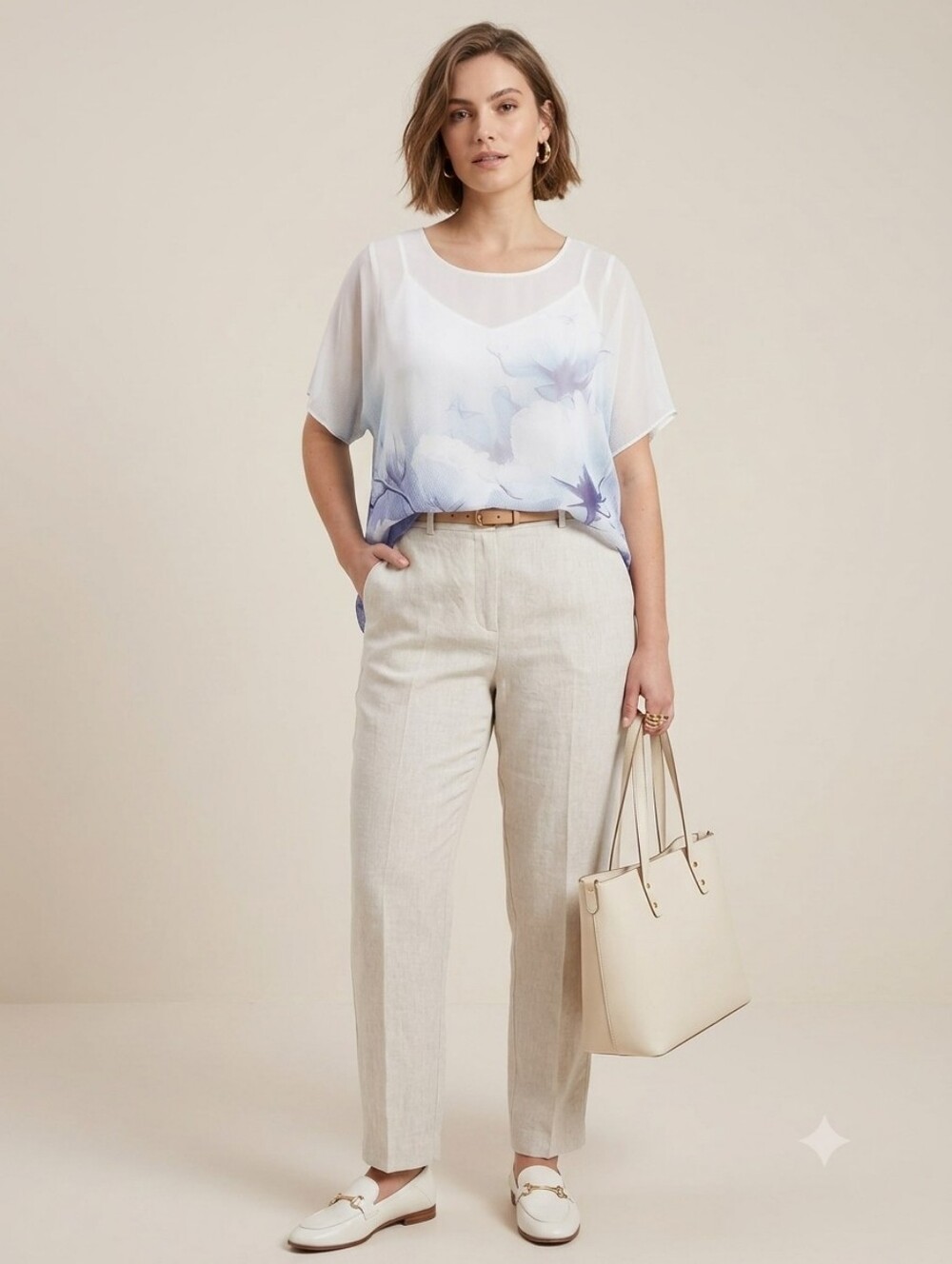 Monnari ✨️ Lightweight White and Blue Floral Chiffon Women's Top Size L/XL